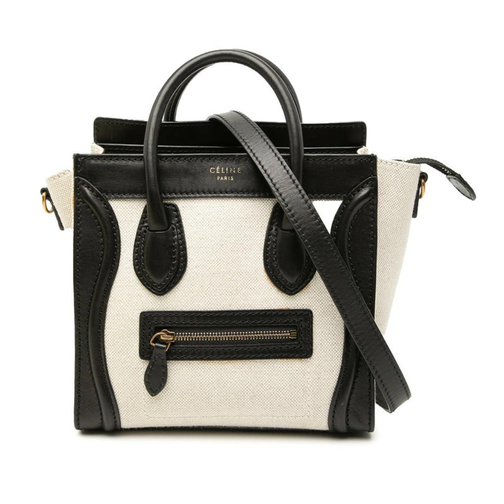 Celine Luggage Tote Shopper 2way Shoulder Bag Beige Cream Black Canvas Leather